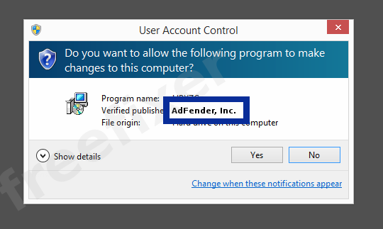 Screenshot where AdFender, Inc. appears as the verified publisher in the UAC dialog